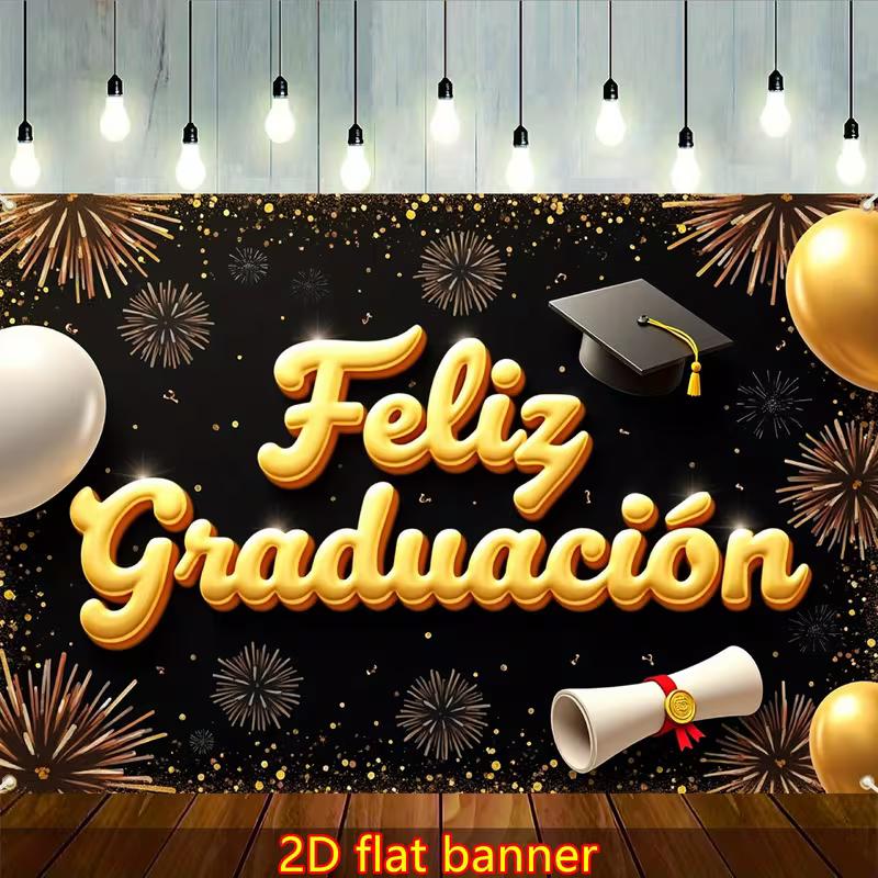 Fondo 2D Feliz Graduación Negro Dorado para Sesión de Fotos de Retratos de Graduación en Español