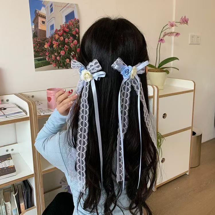 Fermaglio per Capelli con Nappa e Fiocco in Perline e Nastro Francese per Bambine – Doppia Pinza Intrecciata Stile Balletto