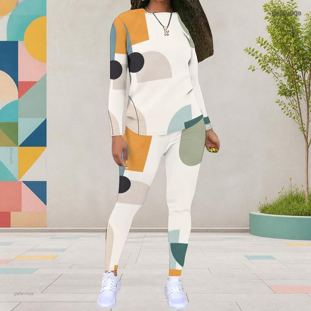 Women Plus Size Round Neck Long Sleeve Printed Two Piece Set Gray Black White Fitted Top And Pants