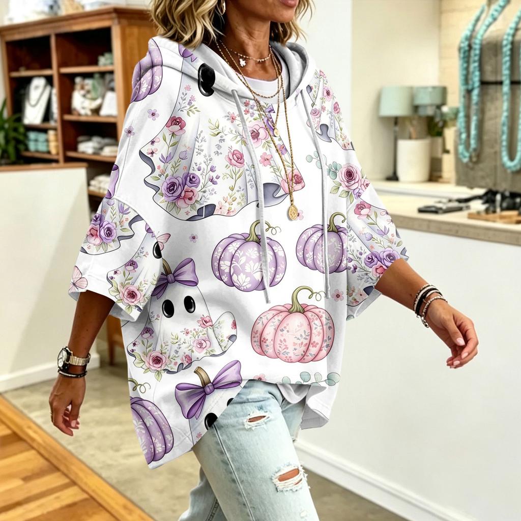 Women's Halloween Print Hooded Sweatshirt Casual Loose Fit Pullover Top