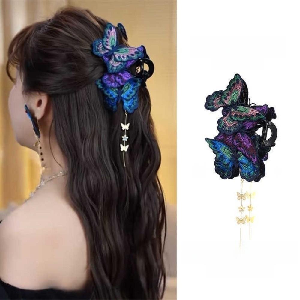 Plastic Butterfly Hair Claw Flower Tassel Large Shark Clip Fashion Hair Grab Clip Formal Occasions
