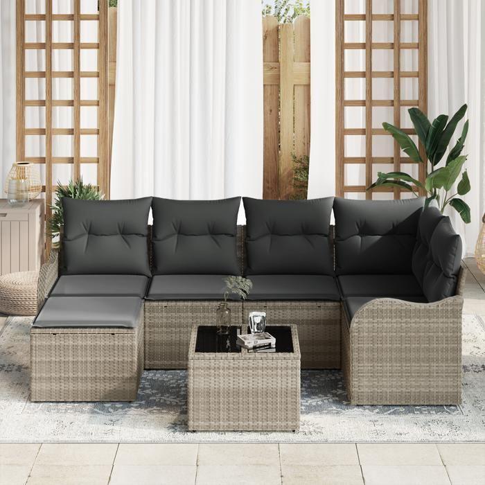 Ensemble de canapés de jardin de 7 pièces avec coussins gris poly rattan, Canapé de jardin 2 places avec coussins gris clair 3345782