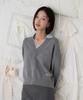 VLETI Contrast Collar V-Neck Embroidery Layered Knit (Gray)