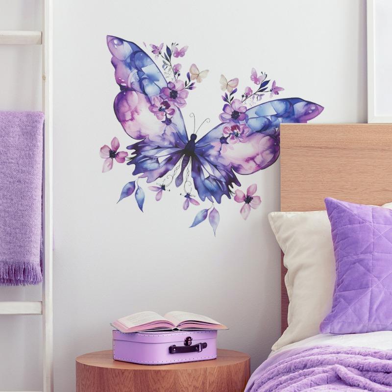 1PCS Fantasy Purple Butterfly Flowers Bedroom Living Room Wall Beautify Decorative Wall Sticker PVC Material Wall Decoration