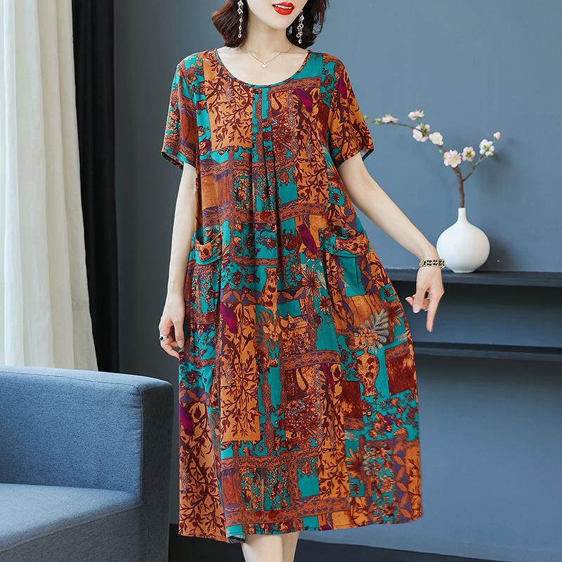 Plus Size Summer Woman Dress Vintage Short Sleeve Print Female Loose Casual Floral Dresses
