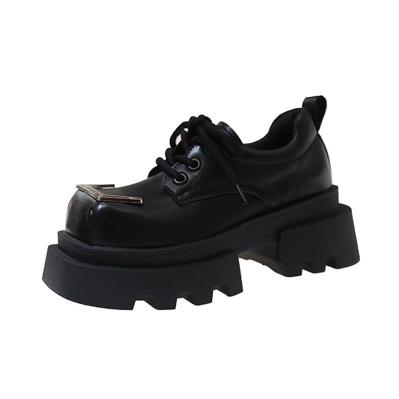

7 см Весенне-осенние туфли JK из мелкой кожи женские 2025 новые квадратный носок на шнуровке на толстой подошве универсальные металлические лоферы 40 чёрный