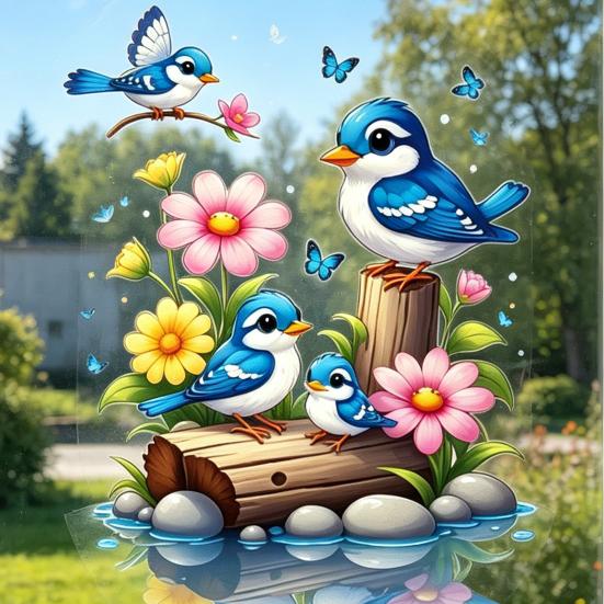 Watercolor Bird Window Sticker Cartoon Blue Birds Flowers Butterflies Double Sided Static Cling
