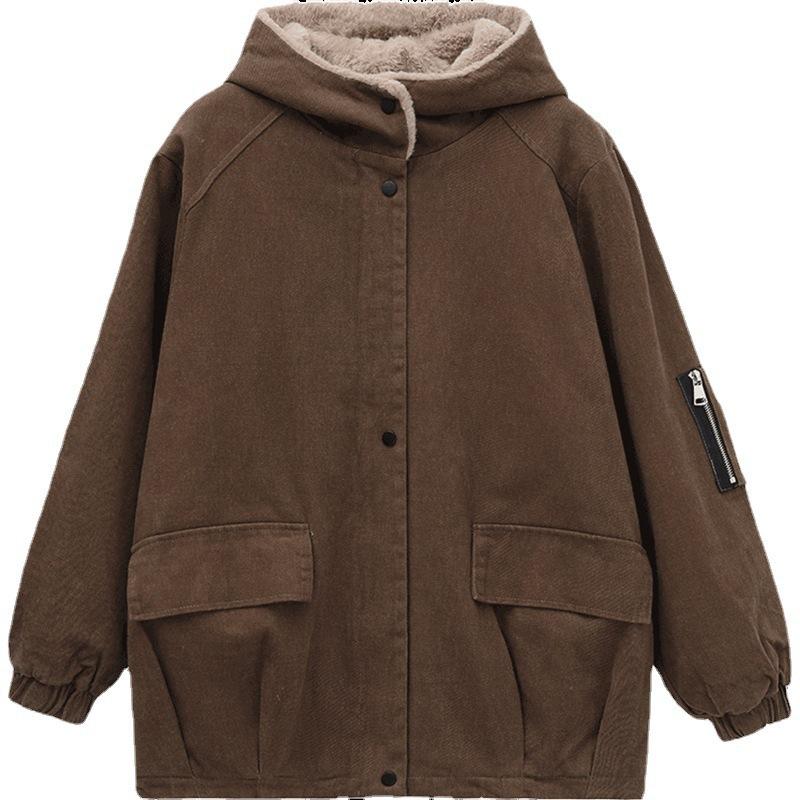 Damen Herbst- und Winter Cordparka Kleidung Kapuzenwattierte Jacke Wattierte Jacke Verdickte Plus Samt Jacke