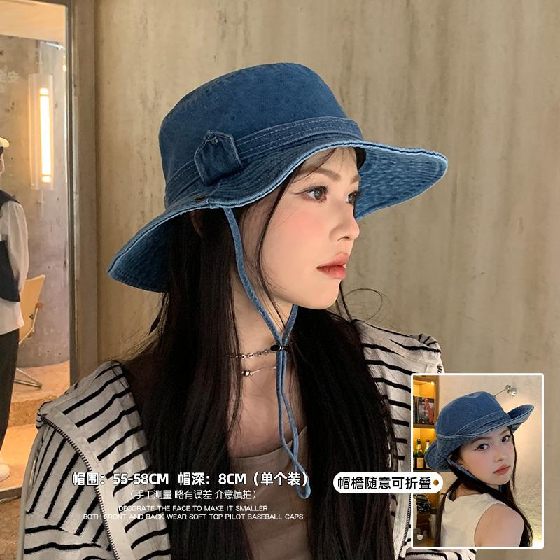 Denim Bucket Hat Women's New Retro Washed Mountaineering Hat Ins Show Face Small Sun Protection and UV Protection