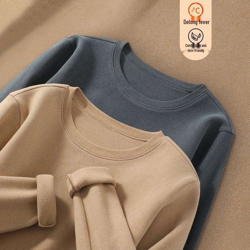 Men's Fleece-lined Double-sided German Velvet Warm Round Neck Long Sleeve Base Layer - Versatile Solid Color Innerwear for Autumn/Winter 2025.