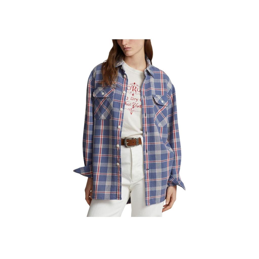 Polo Ralph Lauren SS24 Plaid Print Pointed Collar Single-Breasted Casual Long Sleeve Shirt Women Shirts Navy-Blue 211925087-001
