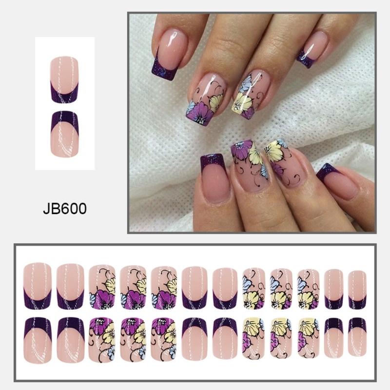24 Pcs French Tip Stick On Nail Reusable Festival False Nail Medium Square Press On Nail Flower Artificial Nail