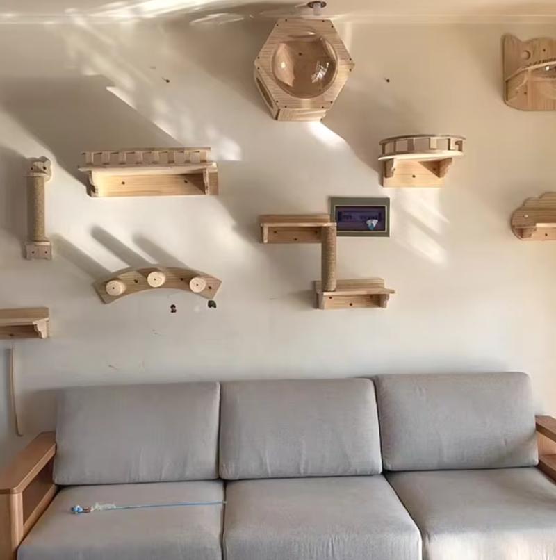 Wooden Cat Tree Wall-mounted Cat Shelf Hammock Cat Scratching Post Sisal Steps and Perches Cat Sleeping Playing Climbing