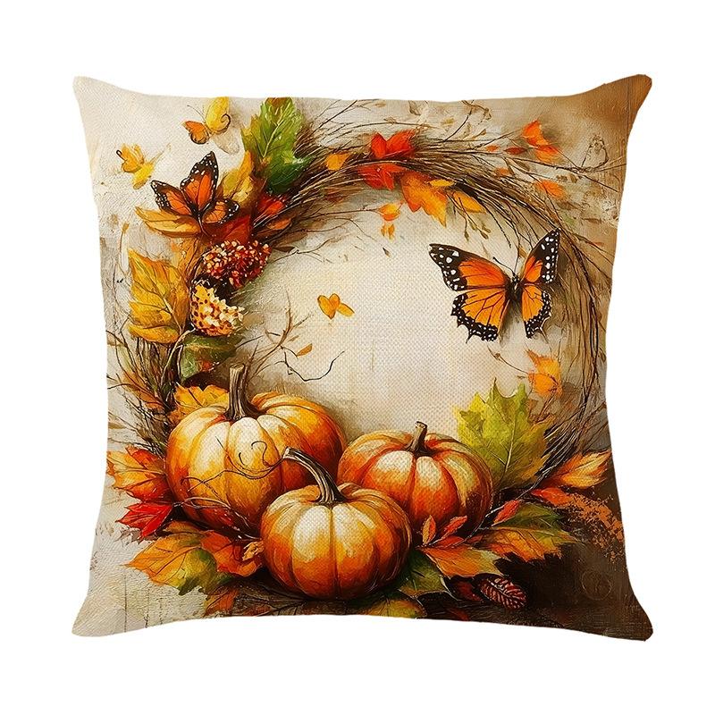 1pc Retro Oil Painting Cushion Cover Fall Themed with Rabbit Pumpkin Sunflowers Pattern for Autumn House Decoration