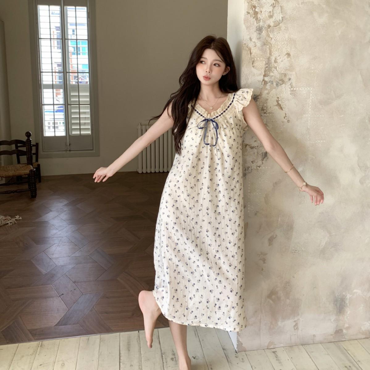 [Floral Melody] Cotton Girl Sweet Floral Dress Pajamas Women s Pure Desire Premium Loungewear Silkworm Weiss M