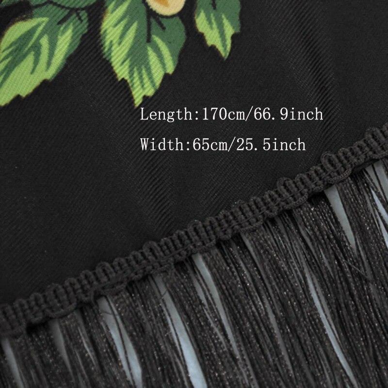 Flower Print Black Tassel Scarf Vintage Windproof Shawl Women Outdoor Windproof Head Wrap Boho Hijab Turban 170*65Cm