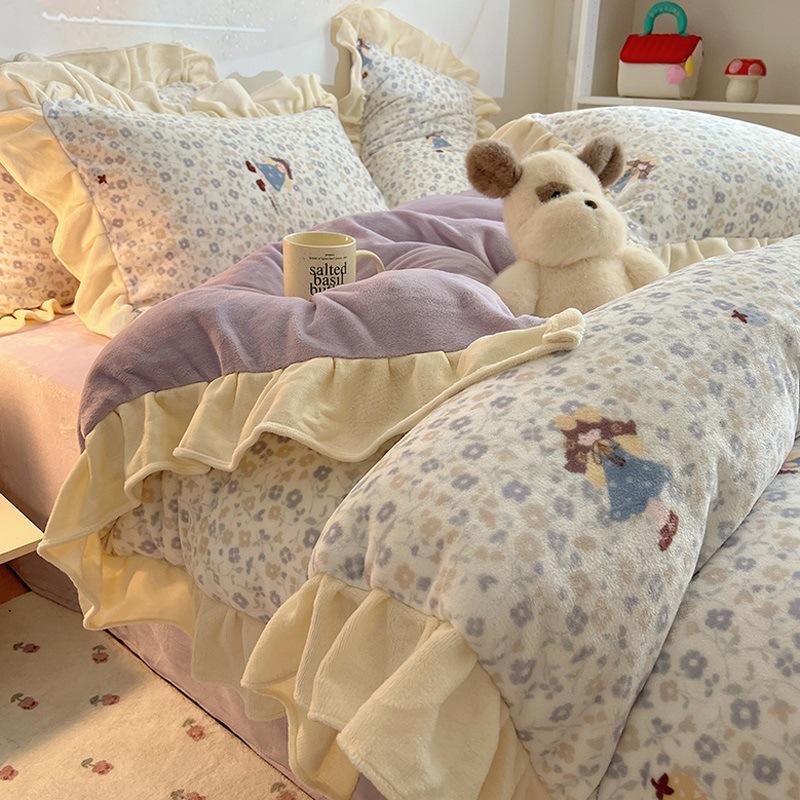Thickened Milk Fleece Four-Piece Set, Fleece Quilt Cover, Bedding, Coral Flannel Bed Sheet Three-Piece Set