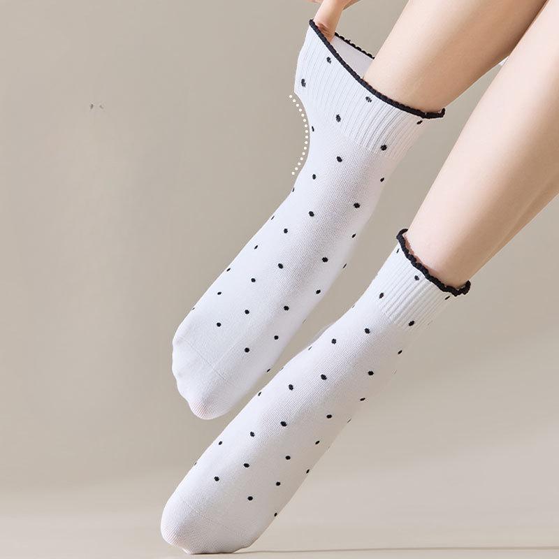 Black Fungus Lace Socks for Women, Spring and Autumn Style, Pile Socks, Cotton Socks, Summer Polka Dot Roll, Boneless Mid-calf Socks