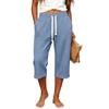 Women Waffle Knit Capri Pants High Waist Elastic Drawstring Casual Loose Fit Side Pockets Mid Length Lounge Pants Summer Wear