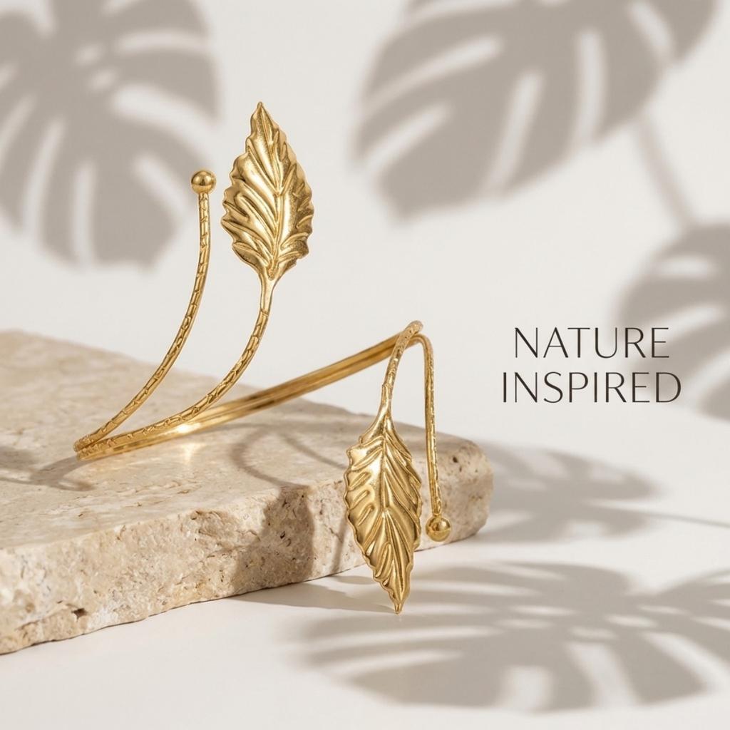 Simple Punk Leaf Metal Strip Wrap Open Arm Cuff Bracelets For Women Men Bohemian Leaves Plant Feather Arm Bangle Body Jewelry