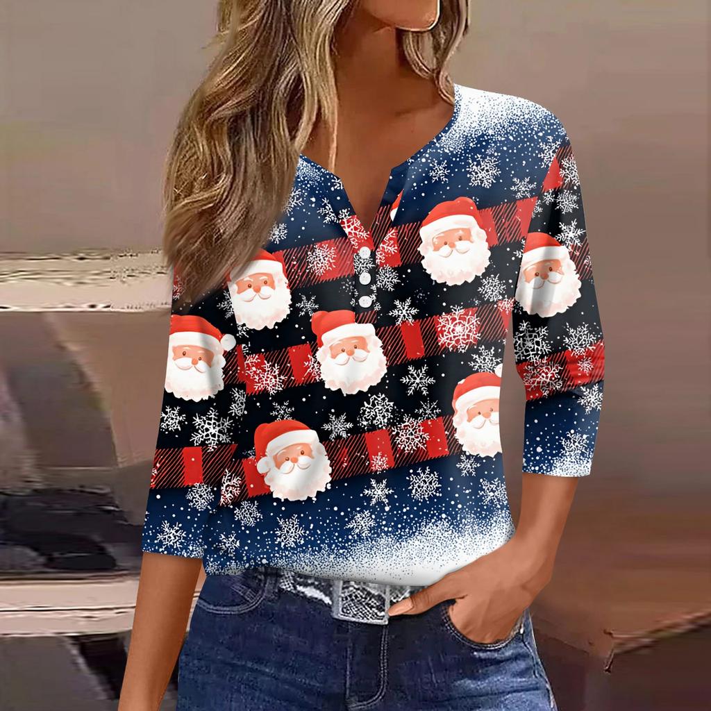 Women's T Shirt Tee Christmas Printed Button 3/4 Sleeve Tunic Daily Weekend Fashion Basic V- Neck Regular Top
