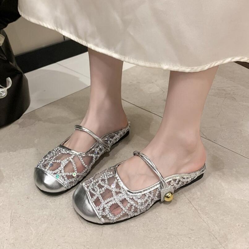 Women's Summer Lace Mesh Hollowed-out Glitter Headpiece Half-slipper Outdoor Woman's Slippers Chinelo Feminino Ladies Slides