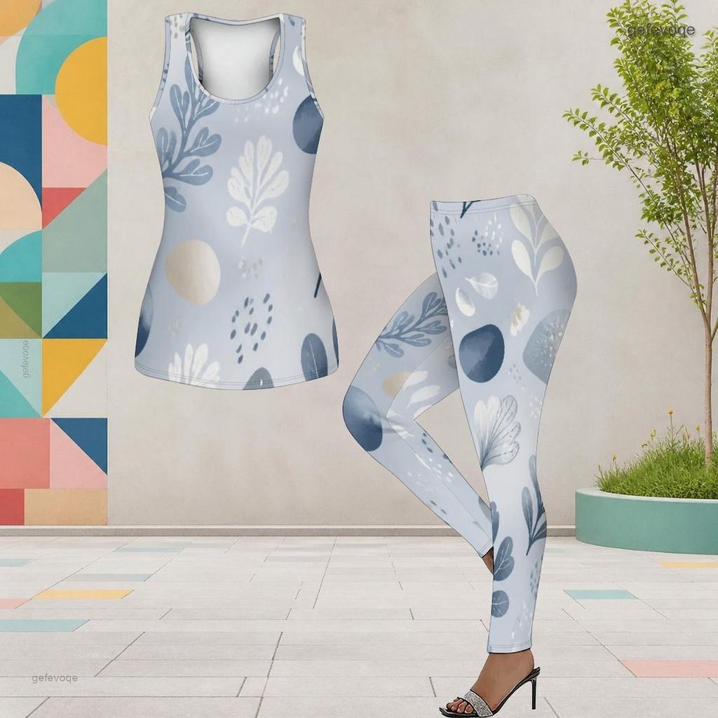 Women Plus Size Two Piece Set Scoop Neck Sleeveless Black Red Pink Printed Longline Tank Top Fitted Pants