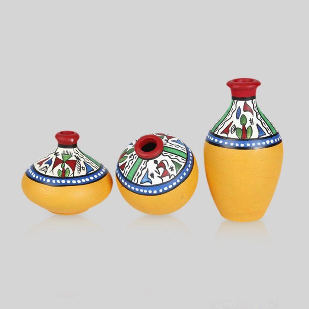 'Warli Handpainted' Decorative Terracotta Pots Vases For Living Room & Home Decoration (Set of 3, Yellow) |