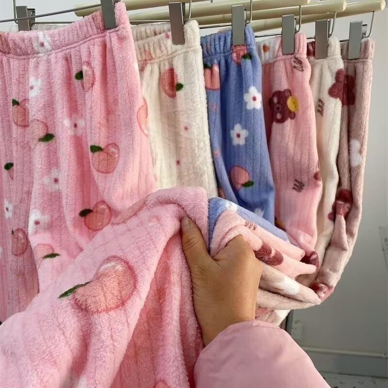 Women's 2025 Peach & Bear Print Coral Fleece Pajama Pants - Warm, Thickened, Casual Homewear for Autumn/Winter