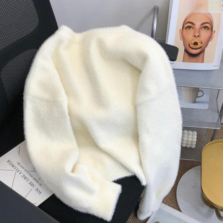 Koreanischer Schlichter Rundhals Einfachknöpfig Imitat Nerz Samt Strickpullover Lässig Locker Weich Perlenknöpfe Strickjacke Damen