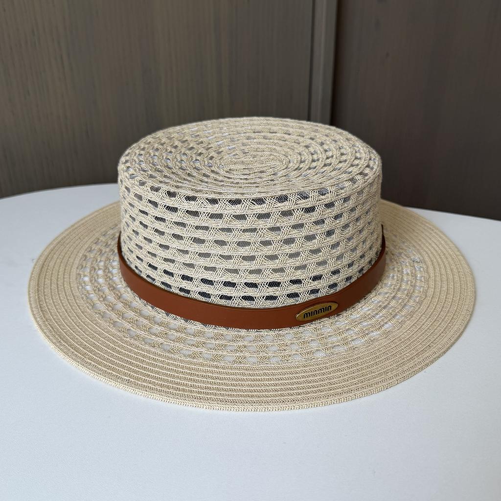 Letter Belt Buckle Breathable Hollow Straw Hat Sunscreen Sunshade Flat Top Top Top Hat Age-reducing Women's Summer Seaside Beach Hat