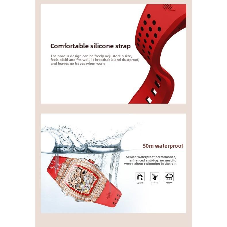OUPINKE Watches, Skeletonized Bar-shaped Silicon Automatic Mechanical Rubber Waterproof Ladies' Watches