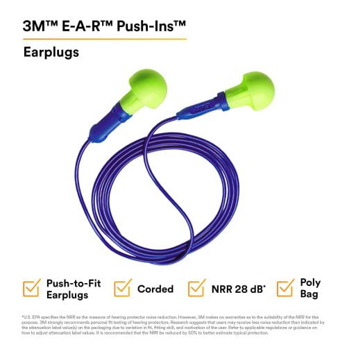 3M E.A.R Push-Ins Earplugs, Corded, 28NRR, Yellow/Blue