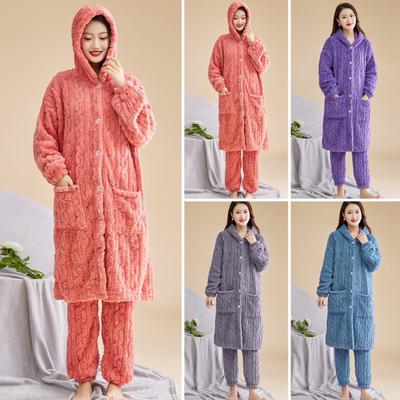 2 Pcs/Set Women Winter Bathrobe Pants Set Thick Fleece Keep Warm Hooded Single-breasted Robe with Pockets Loose Homewear Trousers Sleepwear Pajamas
