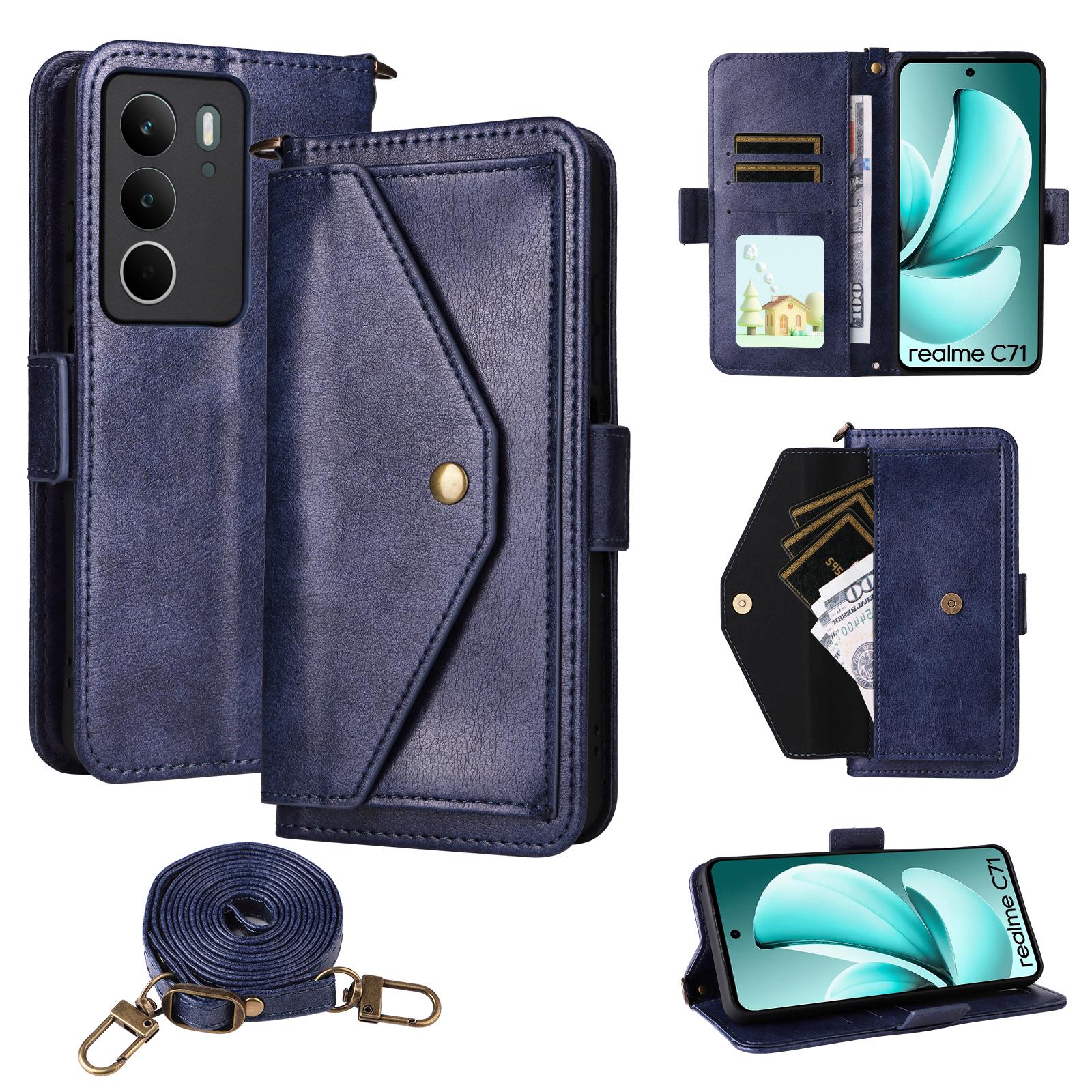 

For Realme C75 4G/C71 4G Leather Case Magnetic Closure Wallet Stand Phone Cover with Crossbody Strap Blue