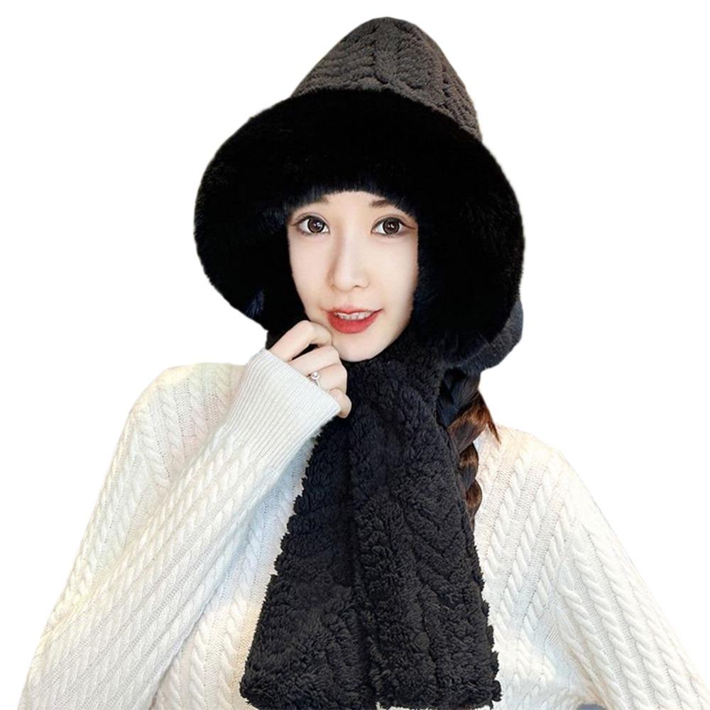 Cute Plush Winter Integrated Cap Scarf Warm Thickened Beanie Hat Scarf Casual Windproof Scarf Set Hooded Outdoor