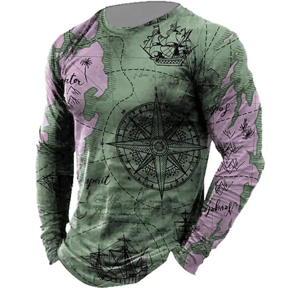 Retro Style 3D Guide Printed Men's Casual Round Neck Long Sleeved T-shirt