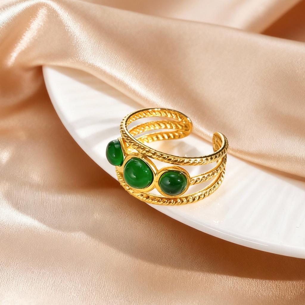 Women's Stainless Steel Finger Jewelry Bohemian Stylish Green Natural Stone Twist Texture Multi-layer Rings for Party Daily Wear