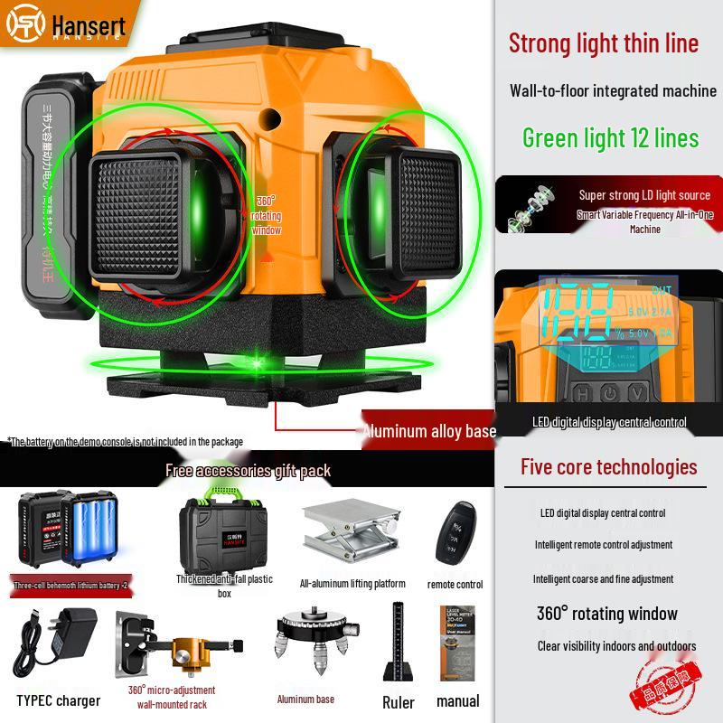 16-line High Precision Green Laser Level with Automatic Leveling for Indoor/Outdoor Use