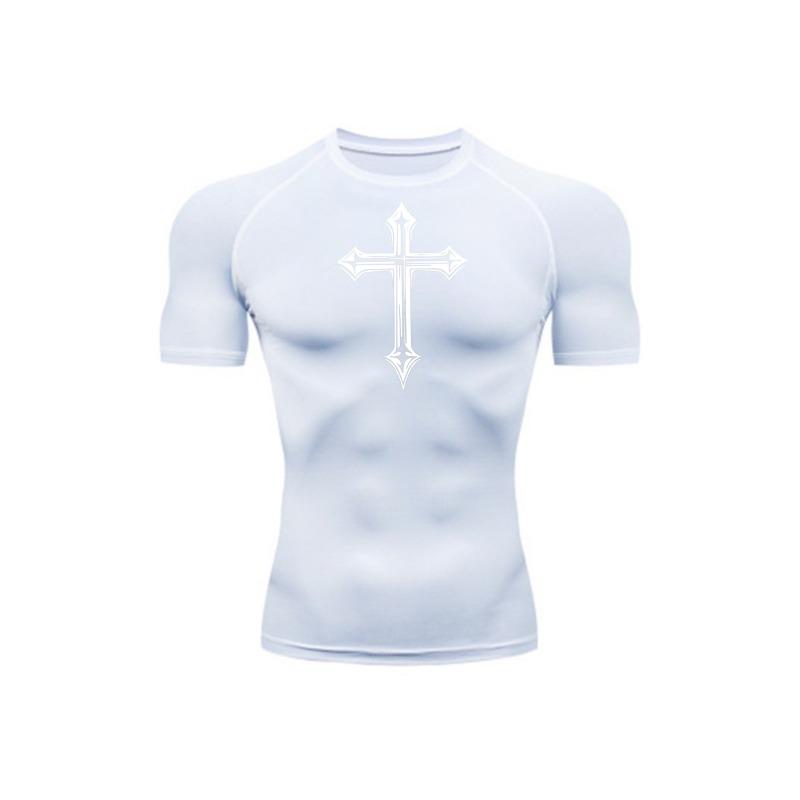 Men's Compression Shirt Quick Dry Gray Gym T-Shirt White Gothic Cross Print Workout Sportswear