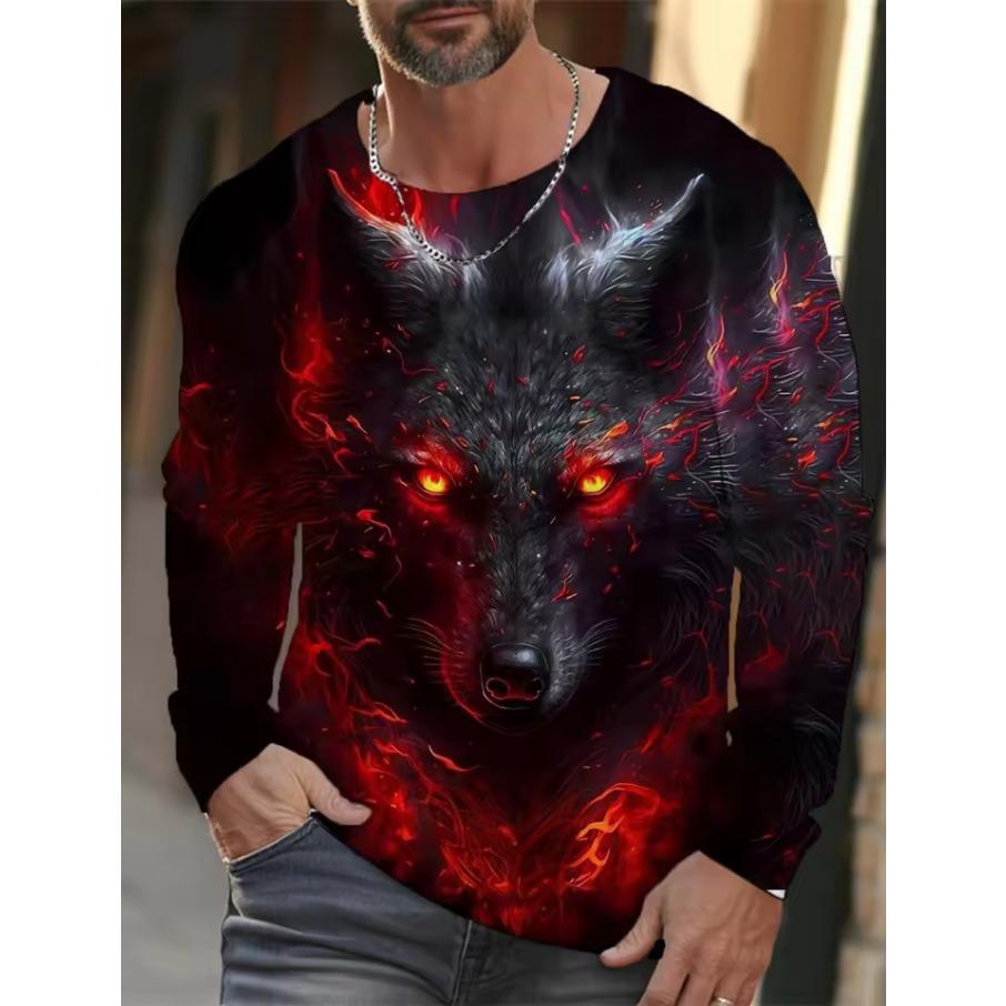 Wolf Graphic Men's Long Sleeve T-shirt for Men Clothing Casual Top Tee Shirt Fashion Animal 3D Full Printing Streetwear