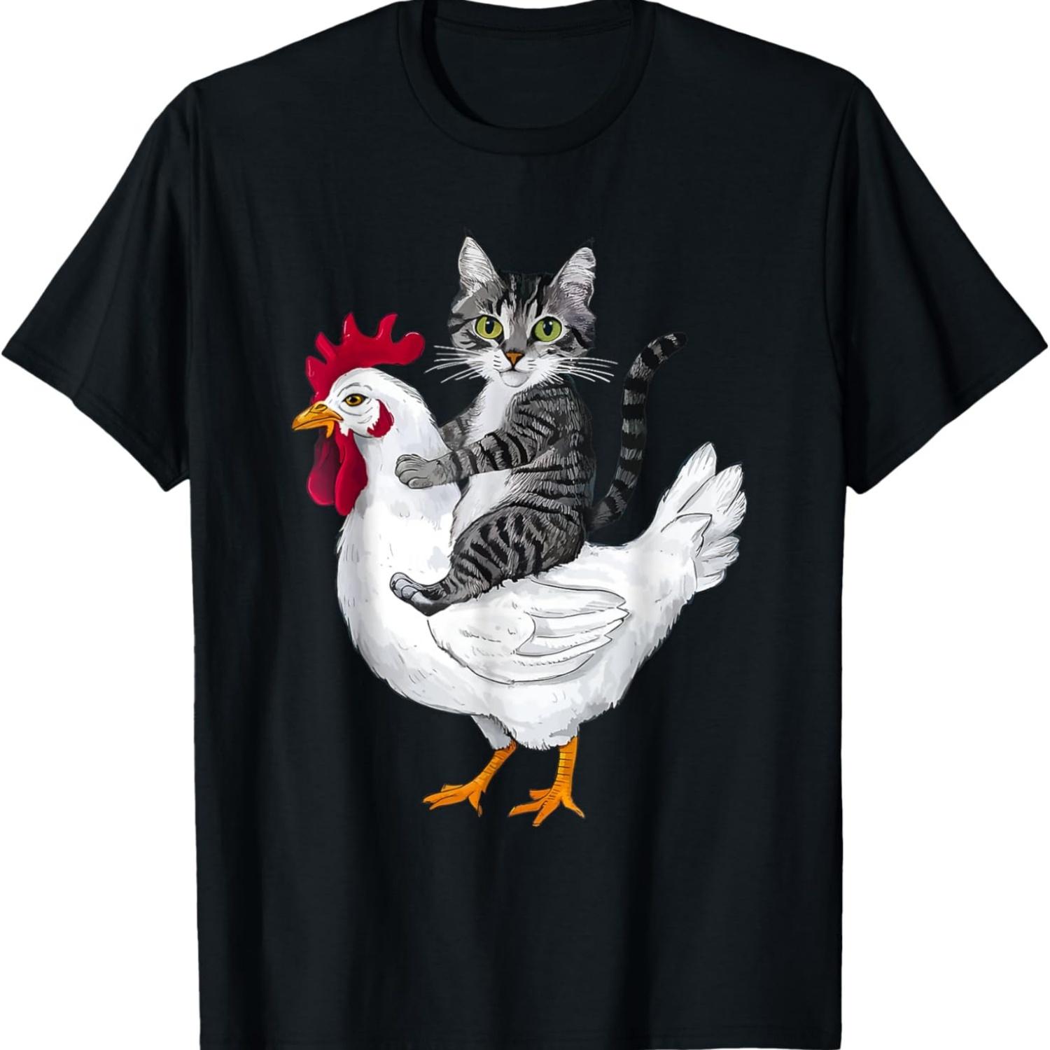 Смешная футболка с кошкой, едущей на курице, для мужчин, женщин, девочек, детей S чёрный