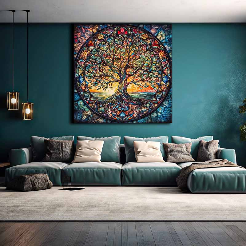 Colorful Glass Oil Painting, Tree of Life, Celtic Mural, Norse Mythology, Gift Tree, Printing and Poster Decoration Core