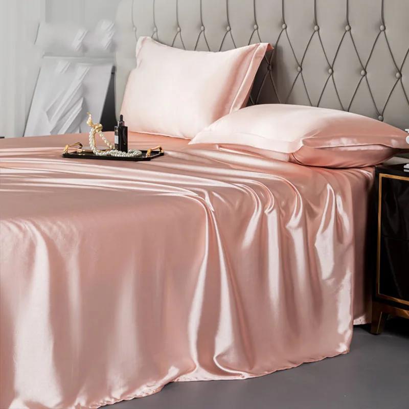 Satin Silk Bed Sheets for Summer Plain Flat Sheet for Double Bed Twin/Full/Queen/King Size Bed Linen (pillowcase Need Order)