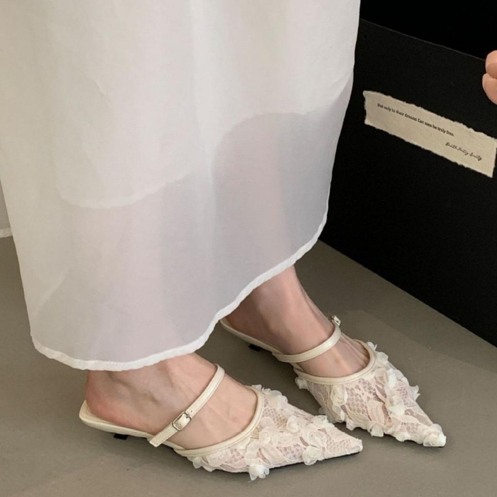 French Fairy Breathable Mesh Lace Bag Head Sandals Female Summer Kitten Heel Empty Single Shoes