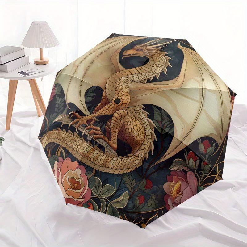 Golden Dragon with Roses Circular Wall Art Decor Umbrella, Cute Umbrella with Cute Design, Portable 3-Fold Compact Umbrella for Men & Women, Valentine