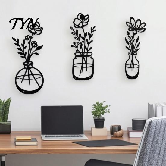 Commercial Space Wall Decoration 3Pcs Black Metal Flower Decor, Rustic Farmhouse Boho Art, Minimalist Iron Sculpture Vase Floral Hanging Decor