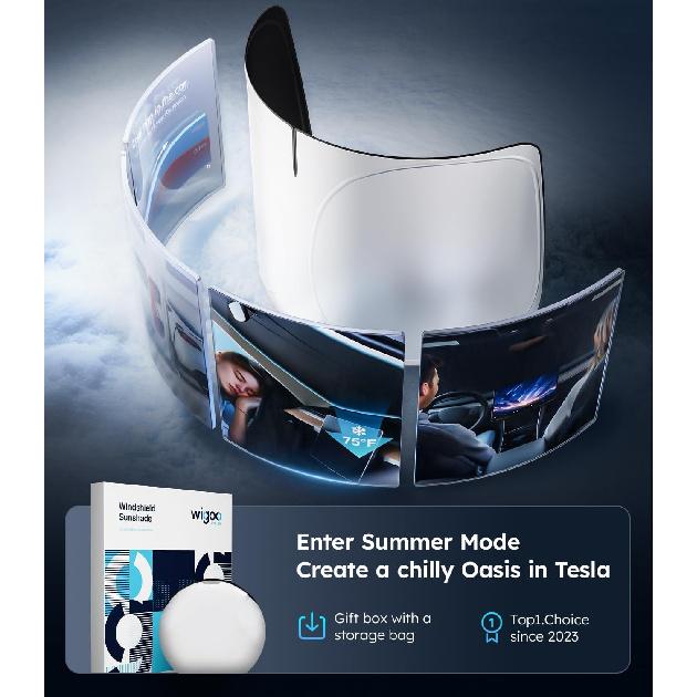 Wigoo 2025 Tesla New Model Y Accessories Windshield Sunshade [OEM Design, 100% Sun Blockage] Foldable Heat Ulation Sunshade With Storage Bag, For