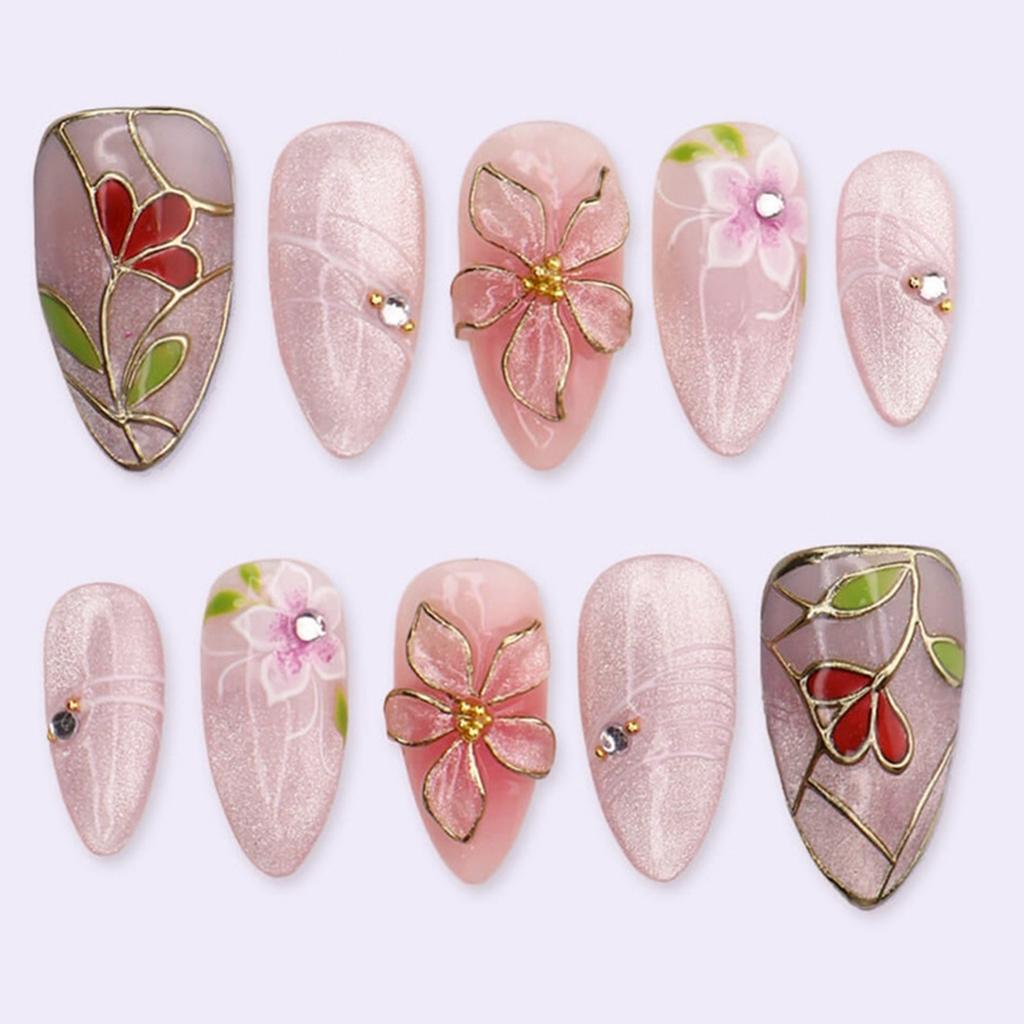 30Pcs Cat-Eye Gem 3D Rose-Nail Art Fake Nails With Golden Edge