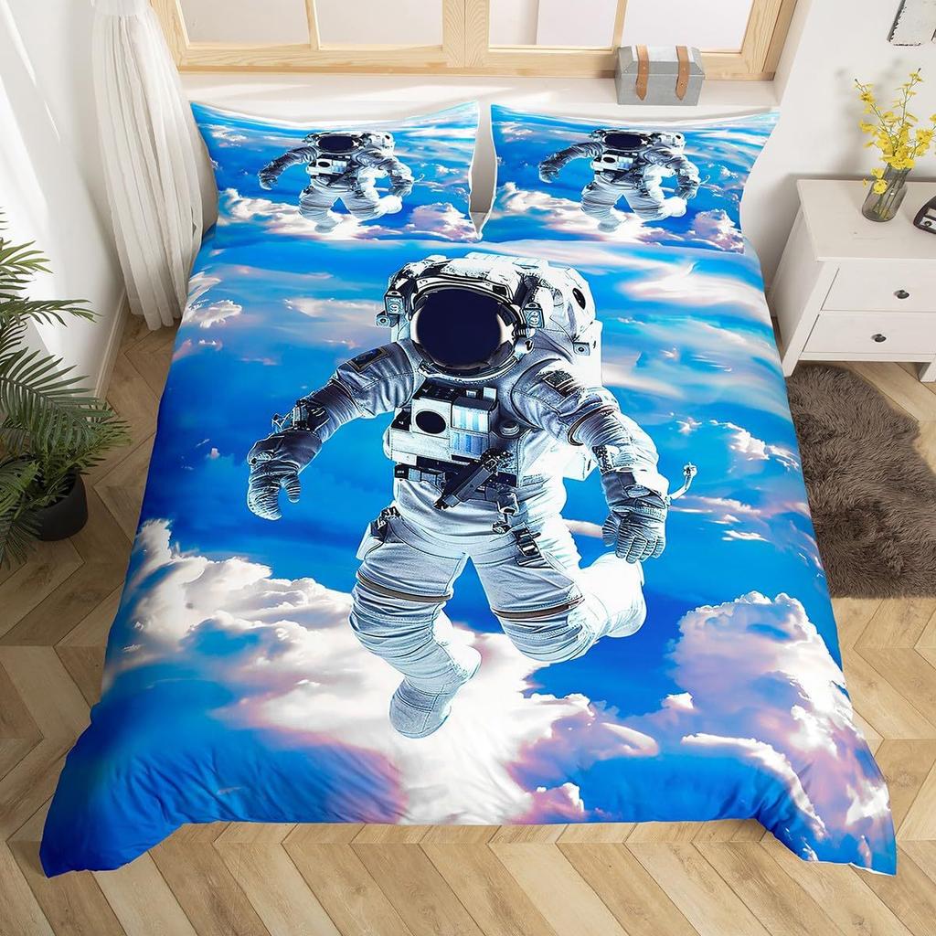 Three-Piece Space Astronaut Pattern Printed Duvet Set Suitable For Children'S Bedroom Decoration